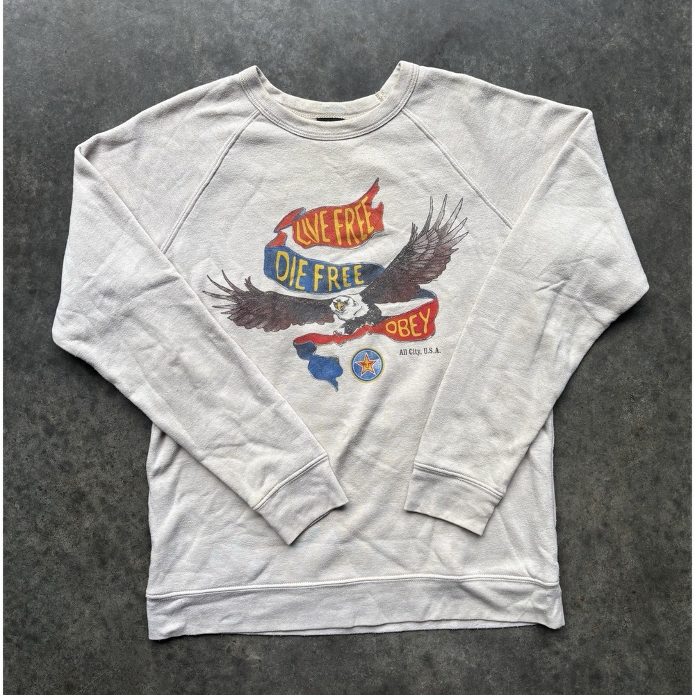 VTG 90s Obey Sweater Made In USA Skater Punk Grunge Live Free Eagle Size Medium